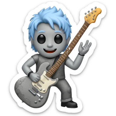 a rock with a happy face that is holding up a rock and roll hand and an electric guitar sticker