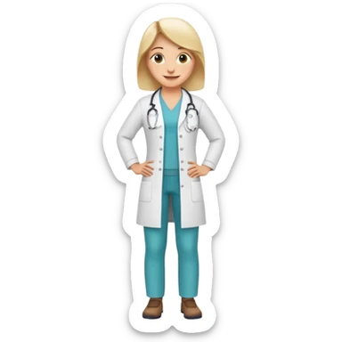 full body physiotherapist, white coat, smiling, hands on hips, emoji style sticker