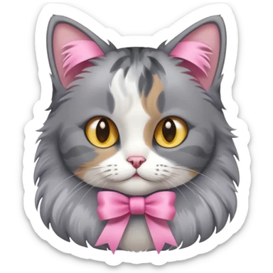Sitting Dilute grey calico cat with pink ribbon sticker