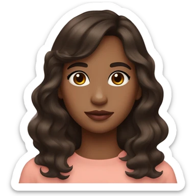 Pretty girl with slightly wavy dark brown hair, curtain bangs, brown eyes, slight blush, and coral-pink lipstick  sticker