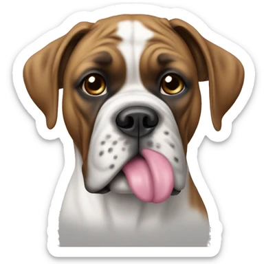 Sitting white boxer dog with pink nose sticker