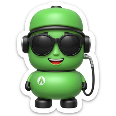 A cute 3D icon of a green gas pump character wearing oversized black sunglasses. Round and chubby proportions, glossy toy-like texture, soft pastel lighting, friendly expression, smooth edges, high-quality render, isolated on a transparent background. sticker