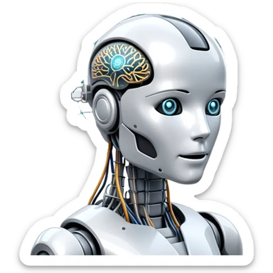 An icon featuring a humanoid robot, a neural network diagram, and a glowing brain, symbolizing artificial intelligence. The design includes binary code, a microchip, and data flow lines, representing machine learning, automation, and innovation. Transparent background sticker