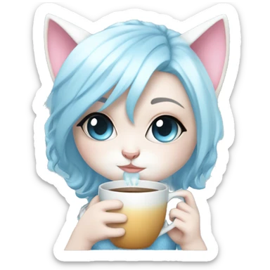 CHIBI WHITE SKIN CAT BABY BLUE AND BABY PINK SHOR HAIR GIRL WITH ONE EYE BLUE AND THE OTHER WHITE. ALSO SHE IS SIPPING A CUP sticker