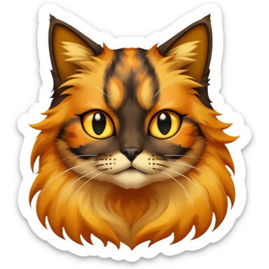 long hair tortoiseshell cat with a black face and yellow lightning mark above nose sticker