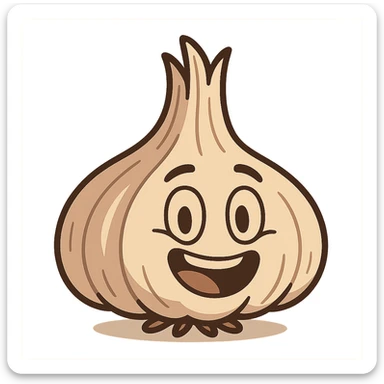 cartoon style garlic bulb with a smiling face, cute and expressive sticker