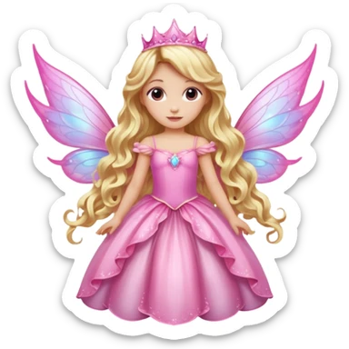 Detailed long pink princess dress, long blonde wavy hair, pink fairy wings sticker
