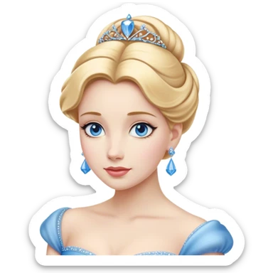 Cinematic Realistic Noble Cinderella Portrait, depicted with porcelain skin rendered in lifelike detail and soft, natural lighting that highlights every delicate nuance. Her intricately styled golden-blonde hair is arranged in an elegant updo, and her deep, expressive blue eyes radiate quiet determination. She wears her classic ball gown with rich fabric textures and delicate folds catching the light beautifully, all set against a subtly glowing, natural background that captures the essence of timeless royal grace. sticker