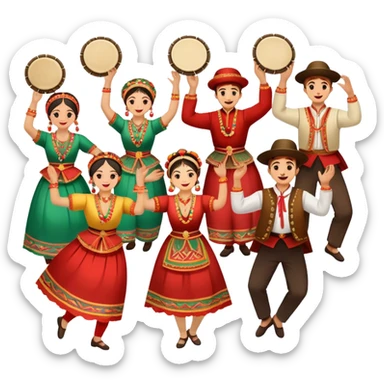 Icon for Folk Dance: a group of men and women performing a national dance in vibrant traditional costumes, with some holding castanets and tambourines. The icon should capture the festive and cultural energy of folk dance. Transparent background. sticker