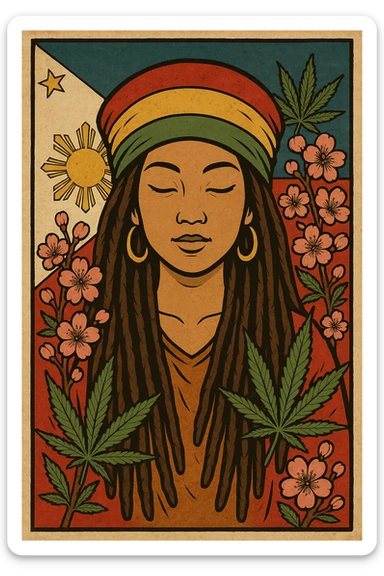 Vintage poster of an Asian Rasta woman with long dreadlocks, peaceful eyes, and a red-gold-green tam. Surrounded by cherry blossoms and ganja leaves. Background Asian flag. Retro reggae fusion vibe, with bold lines and aged paper texture. Philippines with the actual flag
 sticker