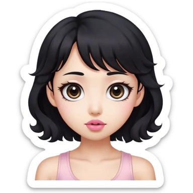 Black hair with a little brunette/ white tank top/asian but a little bit look like foreigner/ big eyes/ with blush/ small face/ pink lip/ long curly hair/ French bang/ sticker
