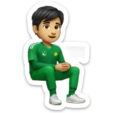 A boy wearing a Pakistan cricket team kit name "prince mk" with number "007" and watching match on TV. sticker