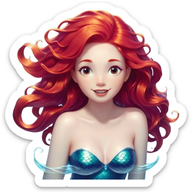 Cinematic Realistic Red Hair Mermaid Portrait, head tilted dramatically with an exaggeratedly amused expression, featuring a striking, vibrant form with meticulously detailed, flowing red hair and luminous porcelain skin. Her expressive eyes burst with playful marine mischief, rendered with dynamic underwater lighting and vibrant textures that convey an air of cheeky oceanic whimsy and over‐the‐top mermaid charm. sticker