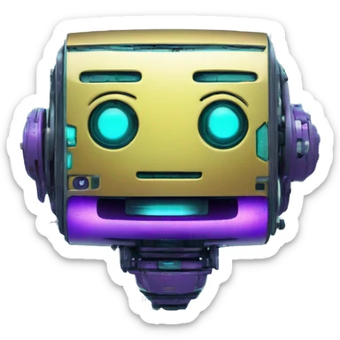 Smily face robotic scanning device, cyberpunk, cyan and purple colors, friendly, futuristic, binary code sticker