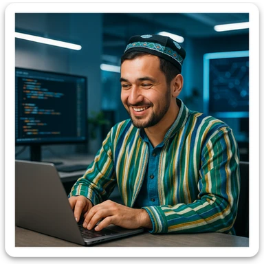 Uzbek programmer wearing traditional Uzbek doppi hat, coding on a laptop, friendly expression, modern tech vibe sticker