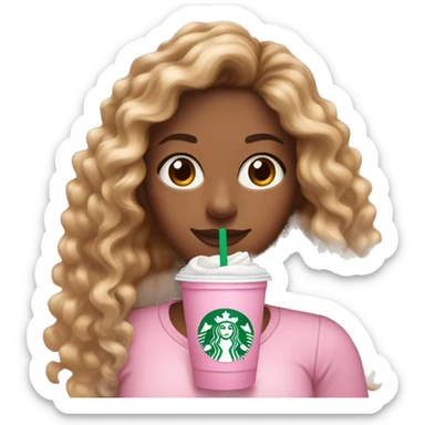 girl with brown and blonde ombré long curly hair holding Pink starbucks refresher sticker