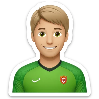 Edwin Van De Sar as an apple style emoji, wearing a green goalkeeper kit, smiling sticker