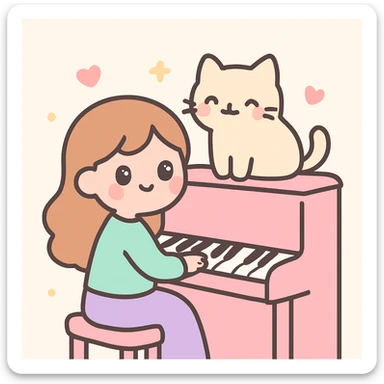 woman playing piano while her cat sits on top of the piano sticker