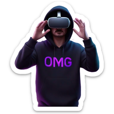 Russian man wearing a black hoodie with "OMG" letters on it and VR headset oculus quest 2 in a cyberpunk VR environment with violet neon lighting. Showing direction with hand sticker