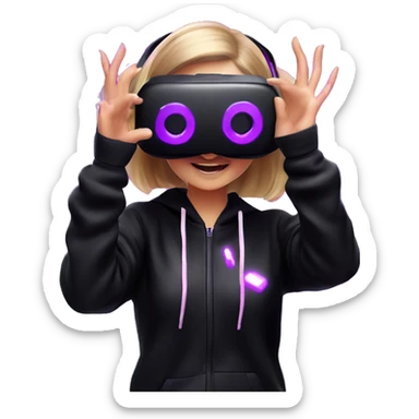 Russian girl wearing black hoody with violet letters "OMG", in vr headset oculus quest2. Dancing. Cyberpunk style. Violet neon. sticker