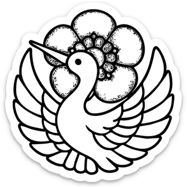 Create a simple and powerful emoji design inspired by a kamon (family crest) style featuring a crane and red flowers. Use a white and red color scheme with no background. The design should be clean and emblematic, capturing the traditional Japanese kamon aesthetic with a modern emoji style. sticker