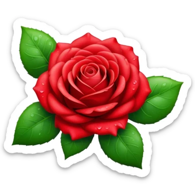 Cinematic Realistic Rose Emoji, Elegant and full of grace, with velvety, deep red petals unfurling in a perfect bloom, dew drops glistening on the soft edges, and a faint fragrance hanging in the air. The lush green leaves surround the stem, creating a vibrant contrast to the rich color of the petals. Soft glowing outline, capturing the essence of timeless beauty and romance in a single bloom. sticker