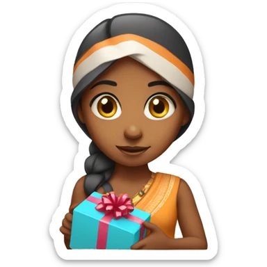 An Indian girl holding a gift sticker