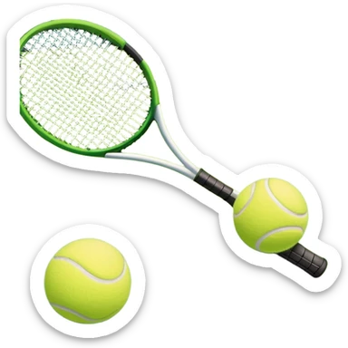 A tennis racket and a ball placed on a grassy court, with the net visible in the background. The scene captures the elegance and energy of the sport, with a vibrant green court and soft sunlight highlighting the equipment. sticker