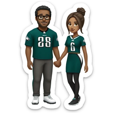 Brown guy and brown girl with glasses and hair in a bun in Philadelphia eagles clothes holding hands sticker