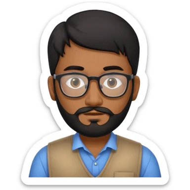 Indian software developer with beards and specs, with few white hairs in mostly black beard and hair sticker