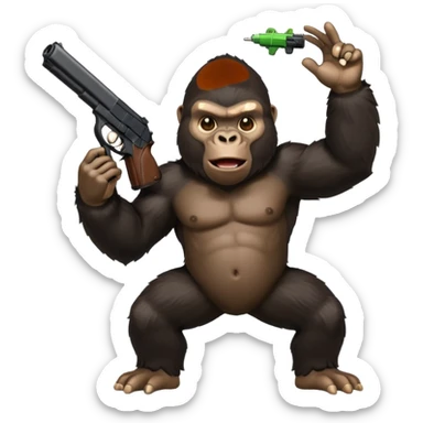A gorilla holding a gun in the air with a Xbox controller  sticker