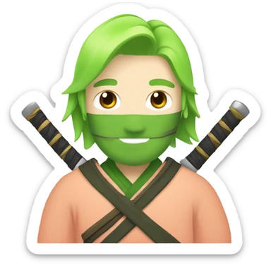 Peach man with short lime green hair with darker green clothes and three samurai swords. sticker