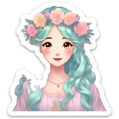 Gorgeous Shiny Colorful Pastel Anime Style Mature Lady with blushing face and pretty hair with a flower crown and antlers pastelcore kawaii cottagecore fairycore aesthetic trending style sticker