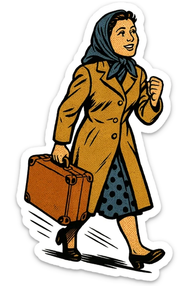 A refugee woman from Eastern Europe in the 1950s carrying with them a small old brown suitcase and looking hopeful sticker