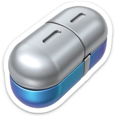 capsule pill emoji, metallic silver halves, smooth glossy finish, futuristic pharmaceutical 3D icon, isolated on white sticker