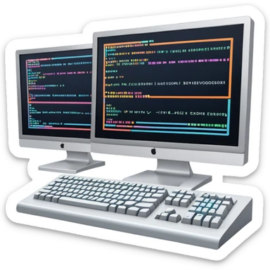 An icon featuring two large monitors filled with colorful code lines, symbolizing programming. The design includes a keyboard, terminal windows, and flowcharts in the background, representing software development, logic, and debugging. Transparent background sticker