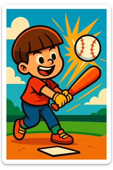 A boy with a bowl cut, swinging a bat and hitting a baseball, home run moment, cheerful, vibrant cartoon style sticker