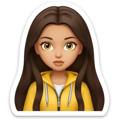 Bratz Sasha Dark brown long hair hazel eyes, yellow outfit sticker