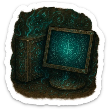 Re-create the Windows 'My Computer' icon as an Elden Ring incantation artwork. The style should be dark fantasy with mystical, ancient parchment background and glowing magical effects. The computer should appear as a powerful magical relic adorned with runes and arcane symbols. The image should be in 1080 x 1080 format with a transparent background, inspired by the provided incantation and sorcery icons. sticker