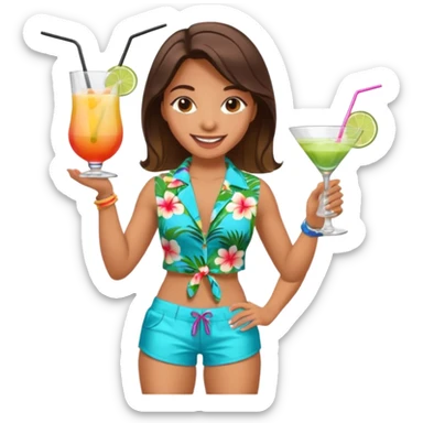 human female Unbuttoned Hawaiian shirt, swim trunks, shaking a cocktail shaker  sticker