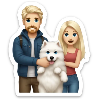 a blonde girl with long hair and blue eyes together with a blonde guy with dark eyes and a mustache are holding a Samoyed puppy in their arms sticker