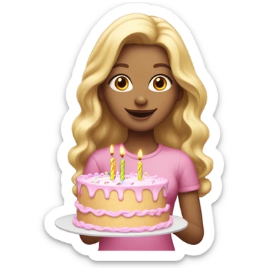 White woman, long hair, blonde hair, wavy hair, baby pink party hat, holding birthday cake sticker