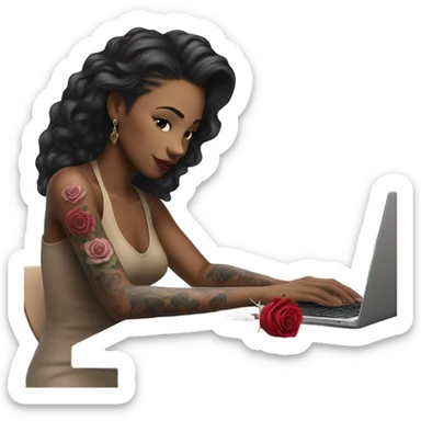 Hyper Realistic beautiful woman model with a small rose tattoo typing on a laptop  sticker