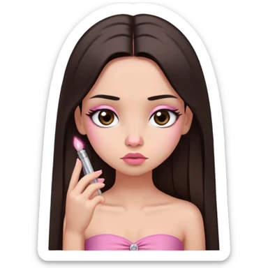 girl with lighter skin, dark brown long straight hair, pouty shiny lips without cupid's bow, large eyes, lighter button nose, long oval-shaped face, wearing a pink bandeau top with straight neckline, looking directly at camera with hands down at sides sticker