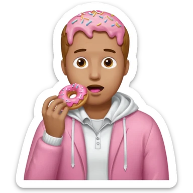 A man eating a pink donut spilling white icing down his face and clothes sticker
