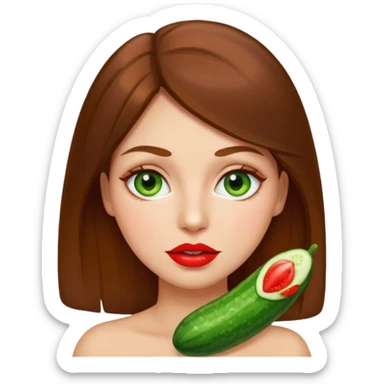 brownhaired woman with red lips and cucumber on eyes sticker
