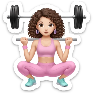 cute balayage brunette long hair curly/wavy haired girl, hoop earrings, clean girl makeup DOING EXERCISE with weights with a cute pastel pink set sticker