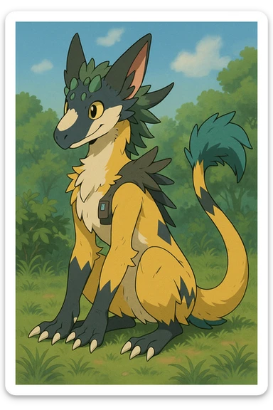 Sergal-Protogen-Trico-Zeraora-Vernid-fusion-hybrid-creature, drawn in a Pokémon/Digimon style sticker