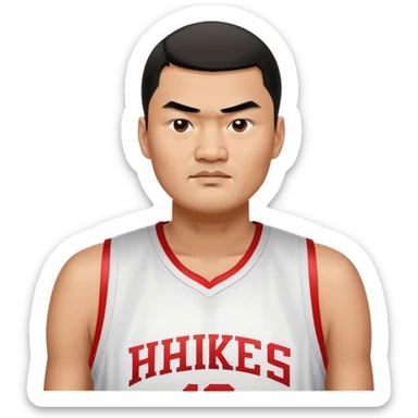 Yao Ming – Cinematic Realistic Portrait of Yao Ming, depicted as a towering basketball icon in a modern uniform, with a gentle yet determined expression and dynamic arena lighting that highlights his immense stature and graceful athleticism. sticker
