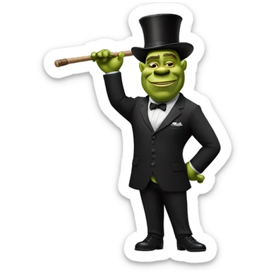 shrek with a 20th centry bowler, a cane, a luxury black suit and pants and waving sticker